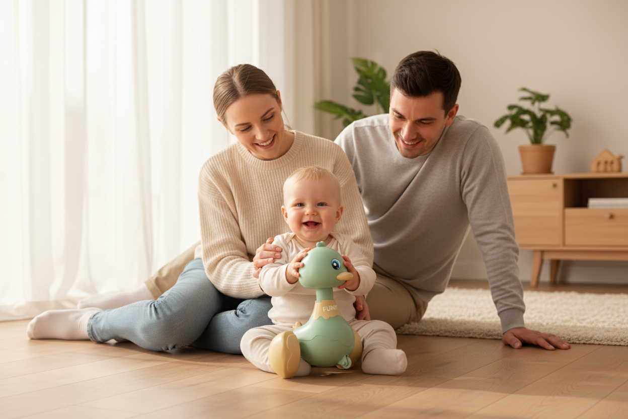 Famille heureuse avec bébé et canard à roulettes vert - Jouet d'éveil