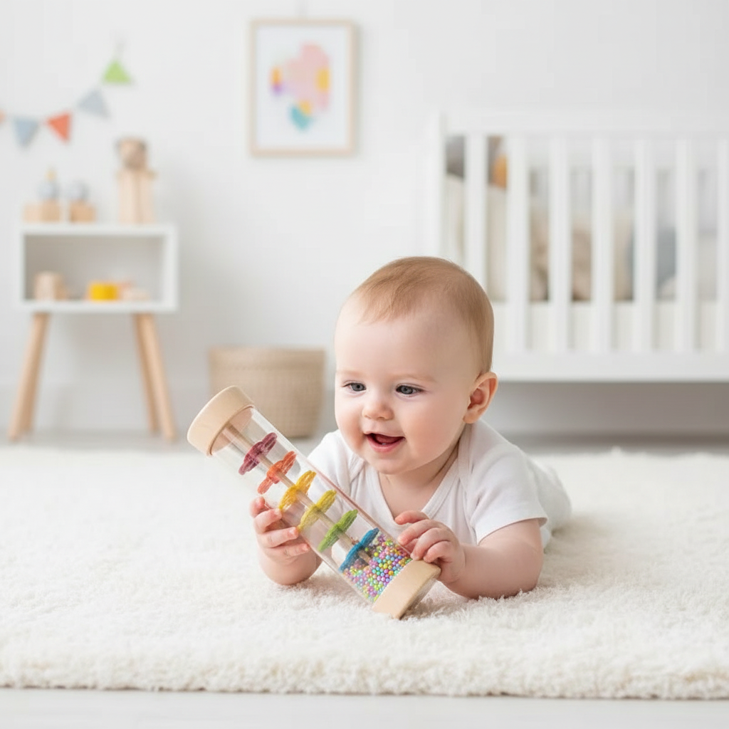 Bébé découvrant bâton de pluie Montessori en bois naturel - jouet sensoriel apaisant

