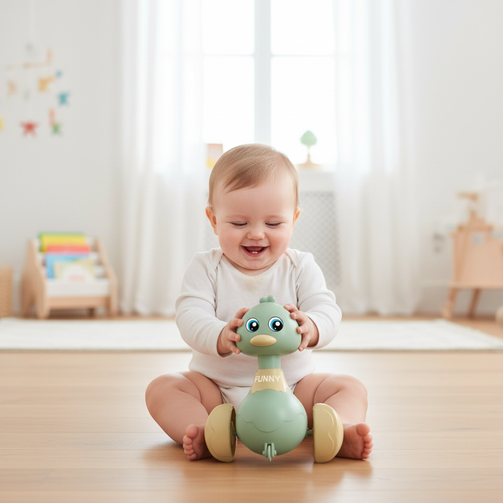 Bébé blanc jouant avec canard à roulettes vert - Jouet Montessori