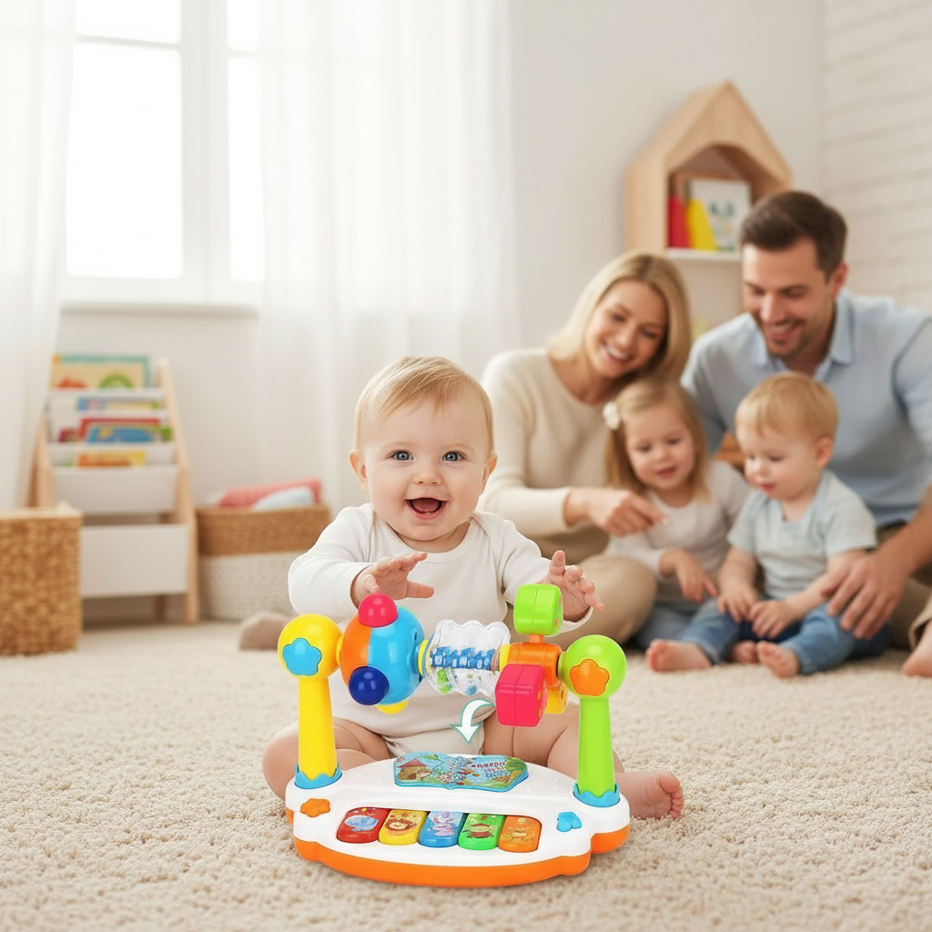 Bébé blanc découvrant un piano d'activités musicales avec sa famille dans une chambre d'enfant style scandinave