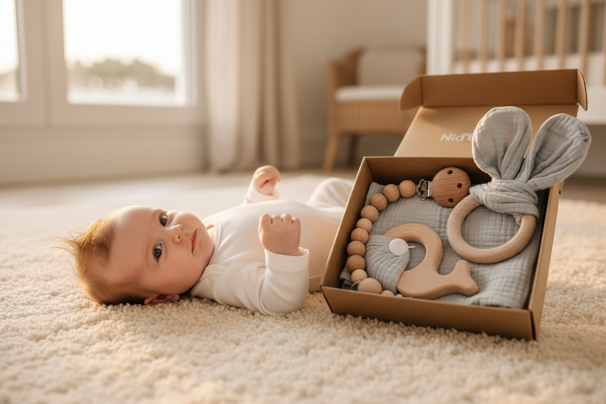 Bébé avec coffret cadeau naissance gris - Hochet bois, mousseline et attache-tétine Montessori
