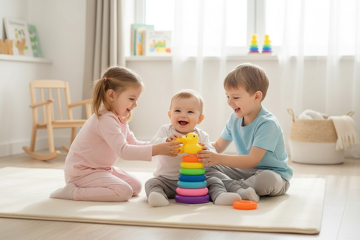 Bébé et enfants jouant ensemble avec la tour à empiler Montessori