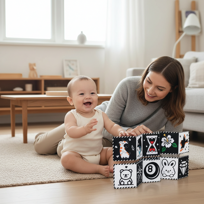 Livre tissu noir blanc bébé - Motifs animaux contrastes élevés Montessori