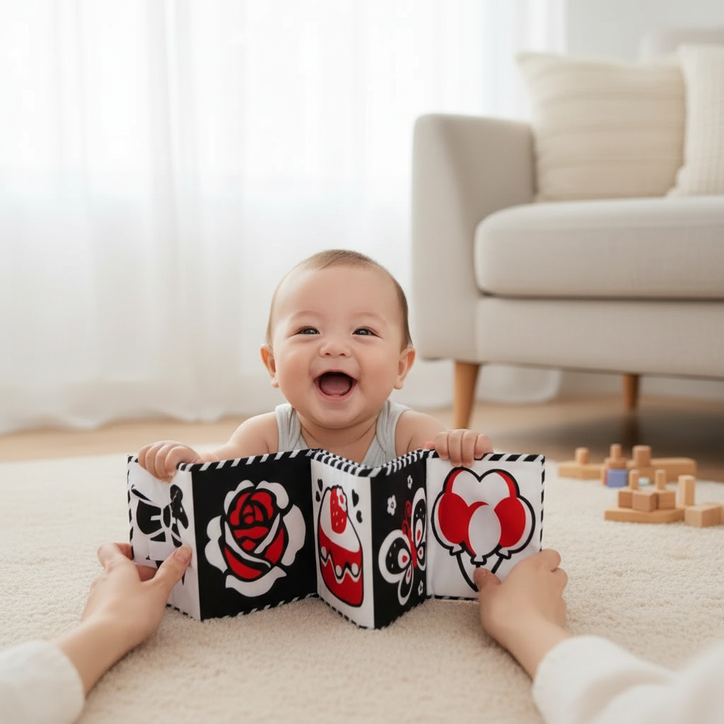 Livre sensoriel noir et blanc Montessori bébé 0-36 mois - Éveil visuel contraste élevé