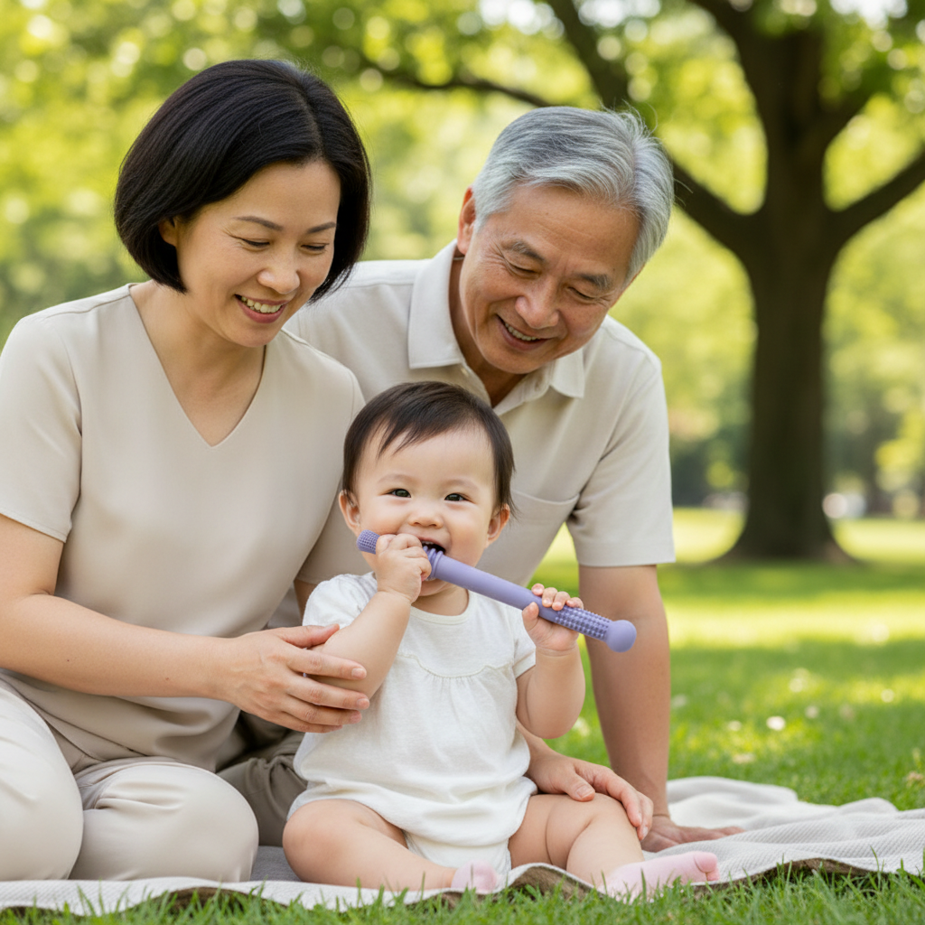 Bébé fille asiatique utilisant une brosse de dentition en silicone lavande avec ses grands-parents au parc - Jouet de dentition sûr et non toxique pour soulager les gencives
