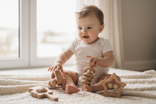 Bébé jouant avec collection hochets de dentition en bois - Jouets Montessori Nid'Éveil