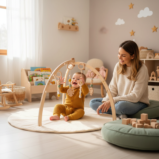 Bébé jouant sous l'arche d'éveil en bois avec sa maman