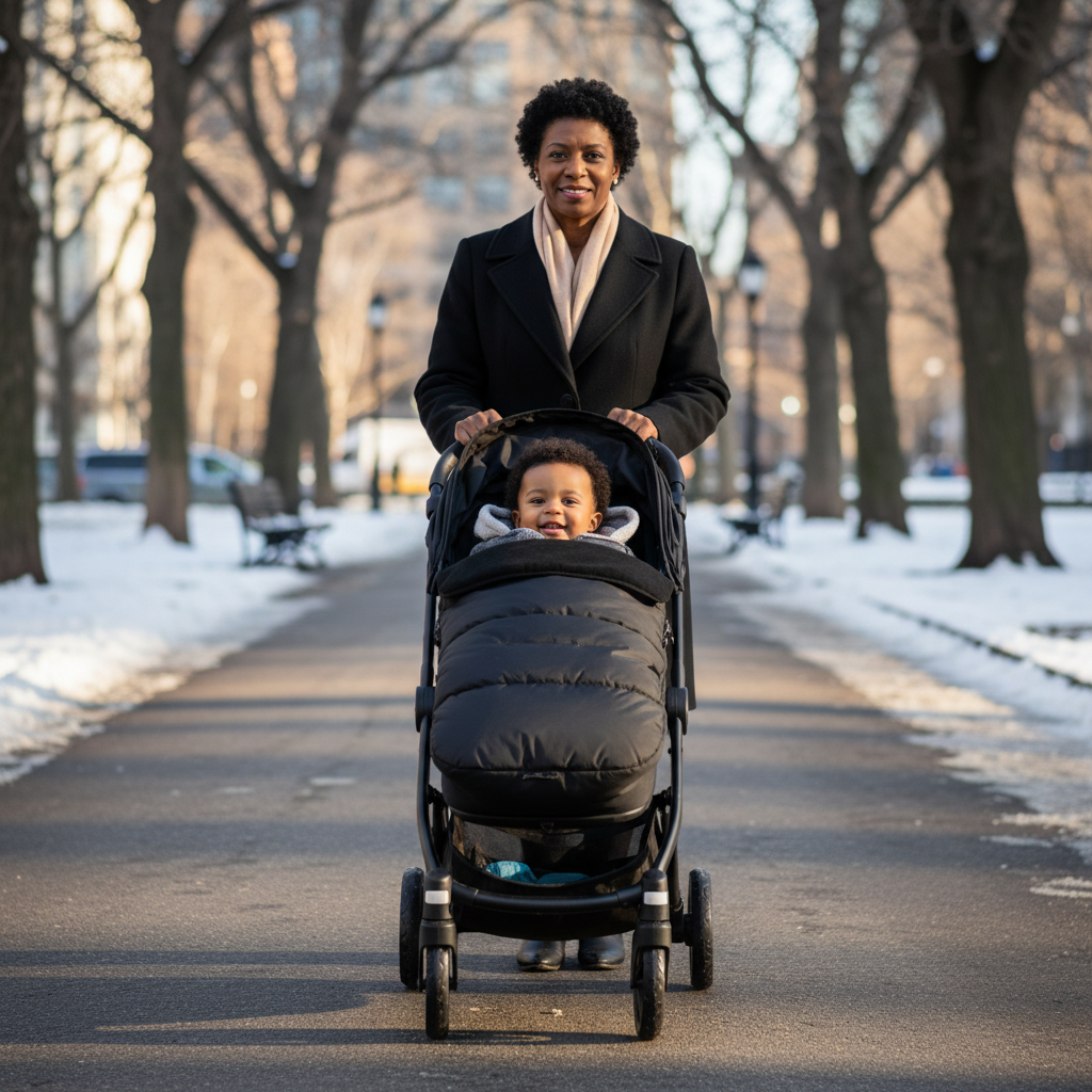 Bébé avec grand-mère hiver - Chancelière poussette élégante tout noir
