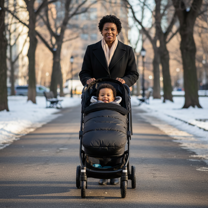 Bébé avec grand-mère hiver - Chancelière poussette élégante tout noir

