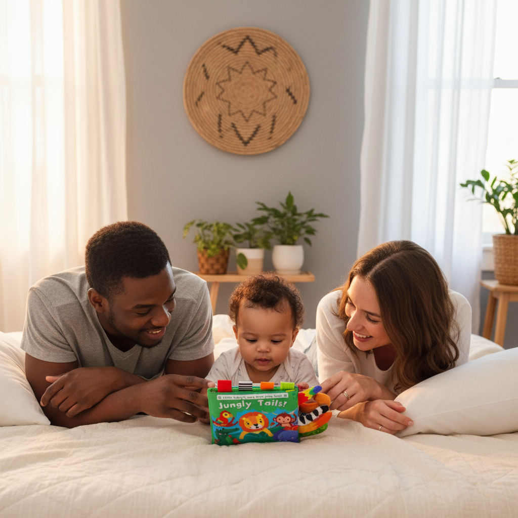 Livre sensoriel bébé en tissu avec queues d'animaux 3D pour 0-18 mois. Stimule éveil tactile, motricité fine et reconnaissance visuelle. 4 thèmes disponibles : Jungle, Ferme, Cirque, Océan. Tissu doux résistant aux déchirures, mordillable sans danger. 8 pages colorées avec textures variées. Certifié CE, lavable en machine. Parfait pour développement sensoriel et moments parent-enfant.

