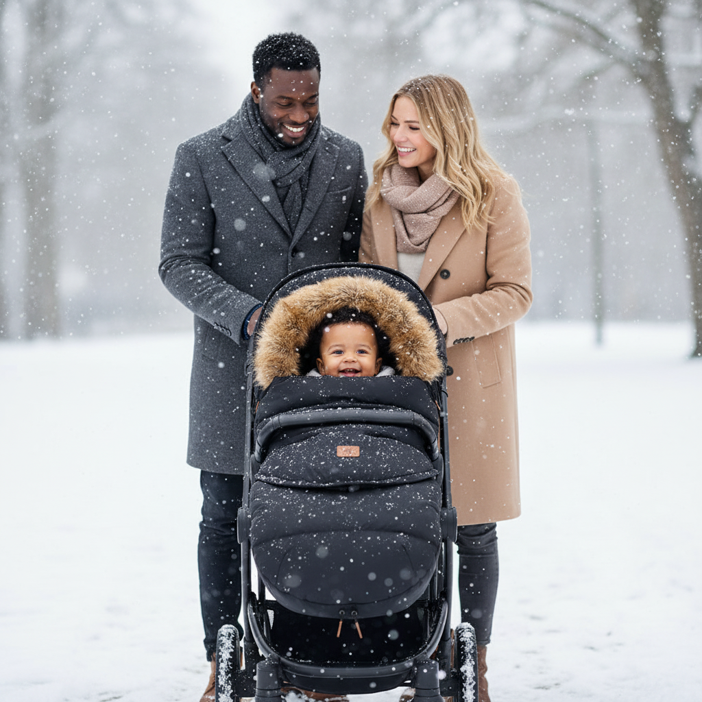 Famille multiculturelle unie en promenade hivernale - représentation inclusive et moderne