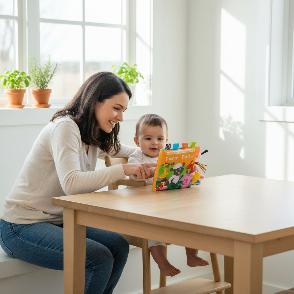 Livre sensoriel bébé en tissu avec queues d'animaux 3D pour 0-18 mois. Stimule éveil tactile, motricité fine et reconnaissance visuelle. 4 thèmes disponibles : Jungle, Ferme, Cirque, Océan. Tissu doux résistant aux déchirures, mordillable sans danger. 8 pages colorées avec textures variées. Certifié CE, lavable en machine. Parfait pour développement sensoriel et moments parent-enfant.
