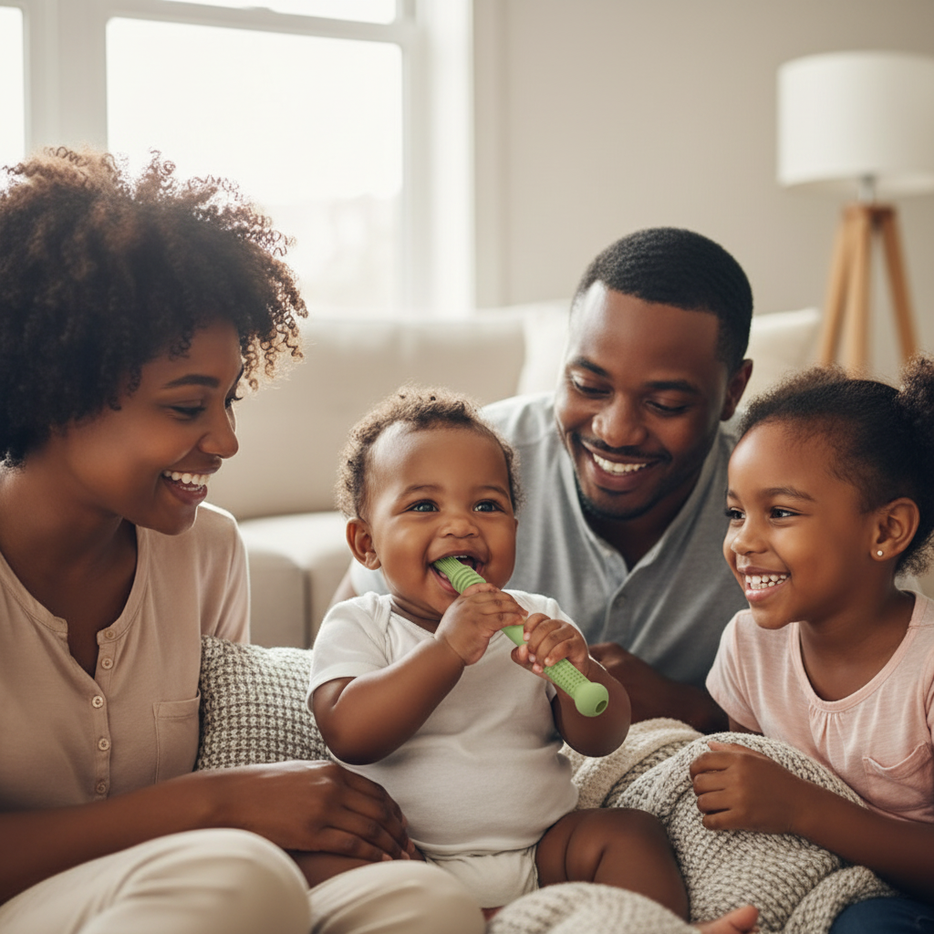 Bébé noir utilisant une brosse de dentition en silicone vert sauge avec ses parents et sa fratrie - Jouet de dentition sûr et non toxique pour soulager les gencives
