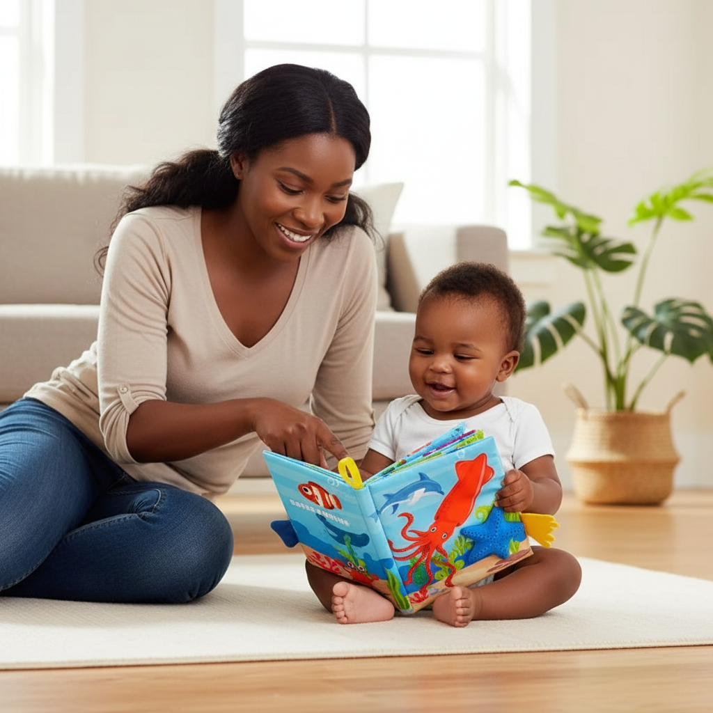 Livre tissu bébé animaux marins - détail pieuvre avec tentacules colorés