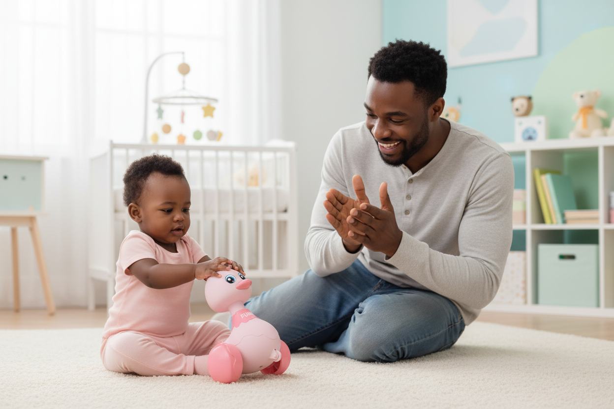 Papa et bébé jouant avec canard à roulettes rose - Complicité père-fils