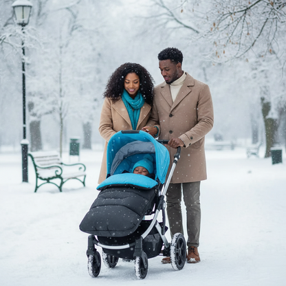 Bébé avec parents promenade neige - Chancelière poussette bleu turquoise et noire
