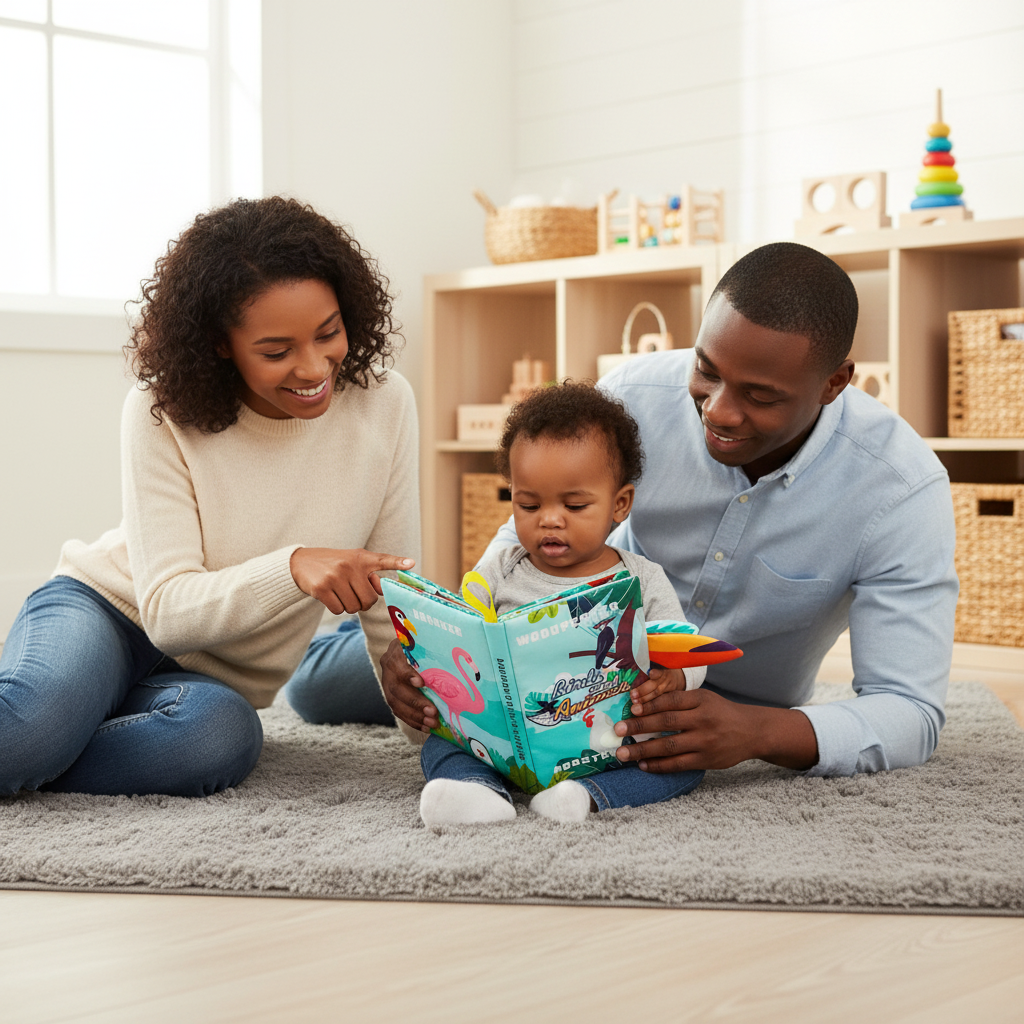 Livre sensoriel tissu bébé - oiseaux tropicaux toucan et perroquet colorés