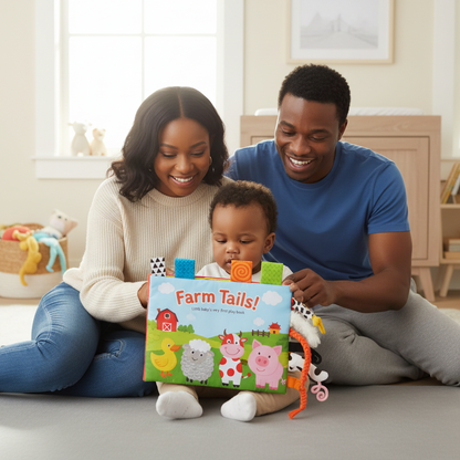 Livre sensoriel bébé en tissu avec queues d'animaux 3D pour 0-18 mois. Stimule éveil tactile, motricité fine et reconnaissance visuelle. 4 thèmes disponibles : Jungle, Ferme, Cirque, Océan. Tissu doux résistant aux déchirures, mordillable sans danger. 8 pages colorées avec textures variées. Certifié CE, lavable en machine. Parfait pour développement sensoriel et moments parent-enfant.
