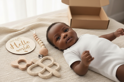 Coffret naissance beige naturel - Set 4 pièces hochet dentition bois hêtre et silicone sans BPA

