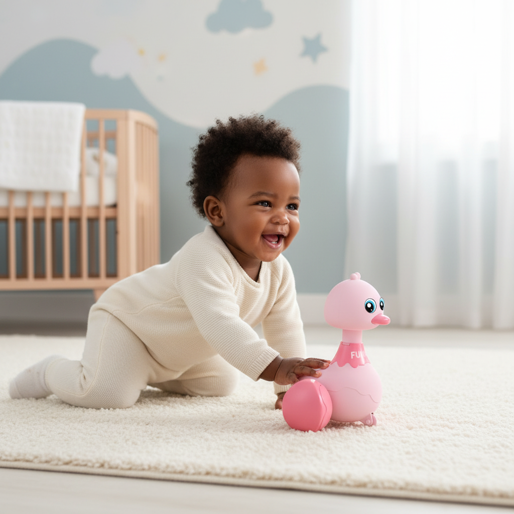 Bébé noir jouant avec canard à roulettes rose - Jouet motricité