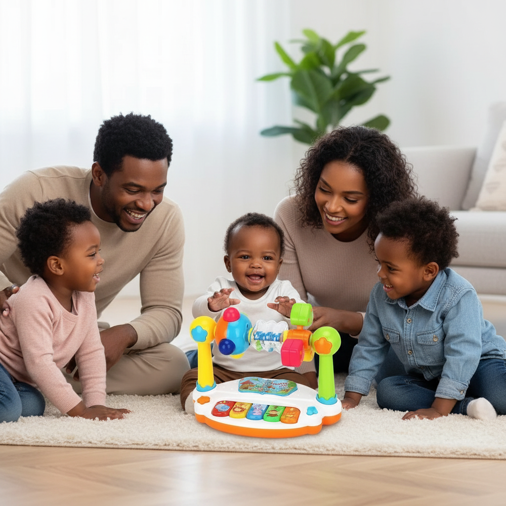 Bébé noir jouant avec piano musical d'éveil Montessori entouré de ses parents et sa fratrie dans un salon lumineux