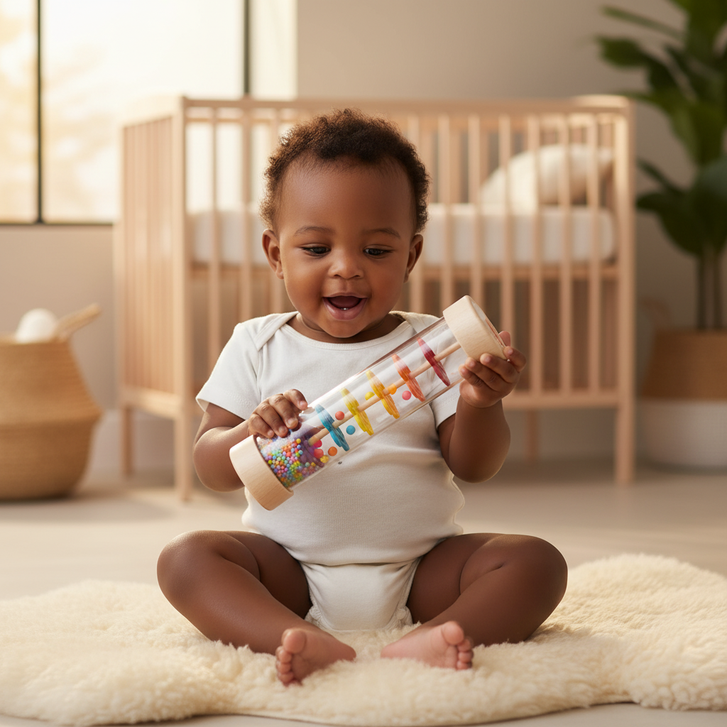 Bébé émerveillé par bâton de pluie Montessori - perles colorées en cascade
