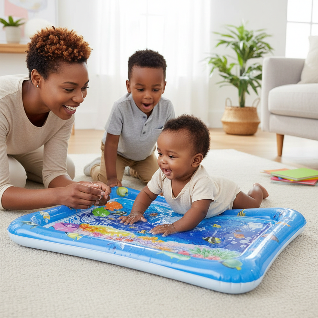 Tapis d'eau sensoriel gonflable pour bébé avec thème océan, méduses et poissons colorés