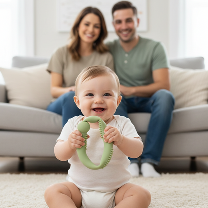 Bébé démontrant la flexibilité de la brosse de dentition en silicone souple verte avec ses parents - Jouet de dentition sûr et flexible
