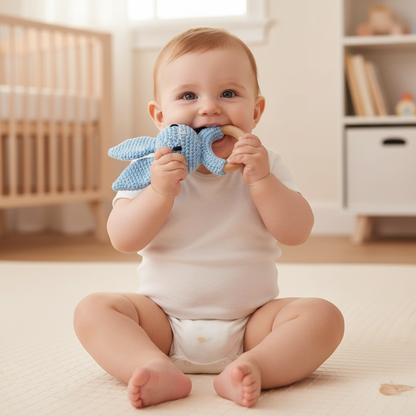 Hochet de dentition en bois de hêtre naturel et crochet coton pour bébé 0-36 mois - Jouet éveil Montessori Nid'Éveil