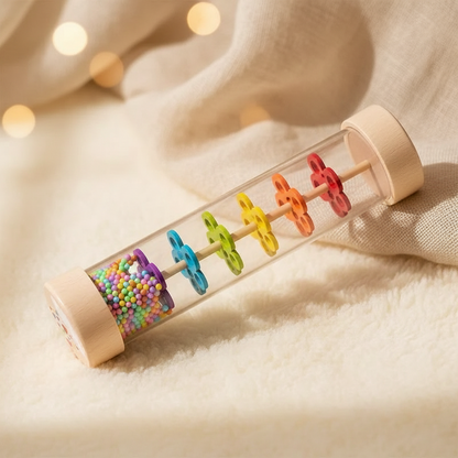 Bâton de pluie Montessori gros plan - détails bois de hêtre naturel et perles
