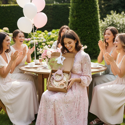 Future maman ouvrant son coffret cadeau naissance Nid'Éveil contenant hochets dentition et jouets Montessori en bois lors d'une célébration baby shower