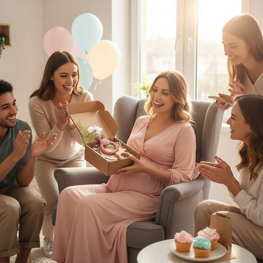 Future maman ouvrant son coffret cadeau naissance Nid'Éveil contenant hochets dentition et jouets Montessori en bois lors d'une célébration baby shower