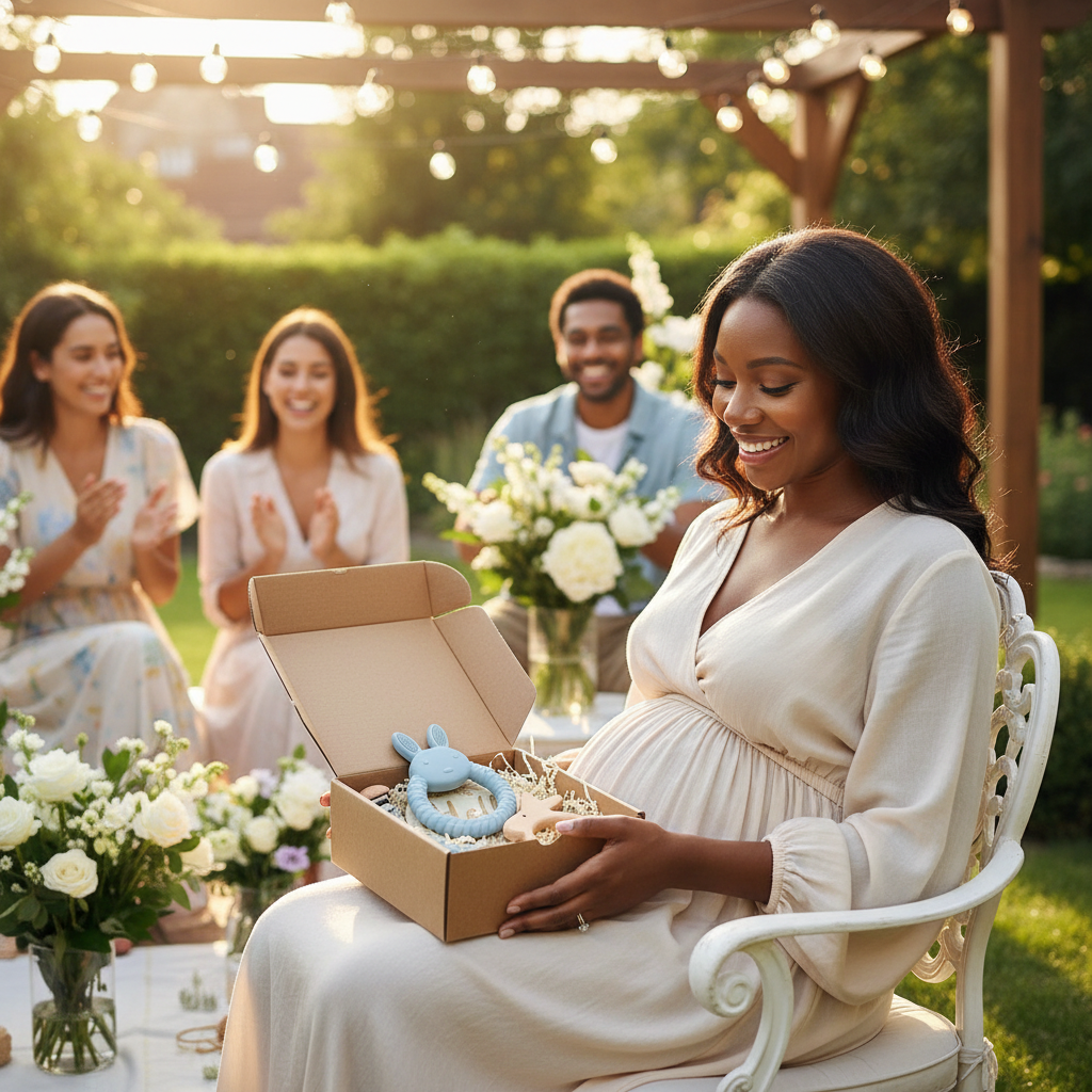 Future maman ouvrant son coffret cadeau naissance Nid'Éveil contenant hochets dentition et jouets Montessori en bois lors d'une célébration baby shower