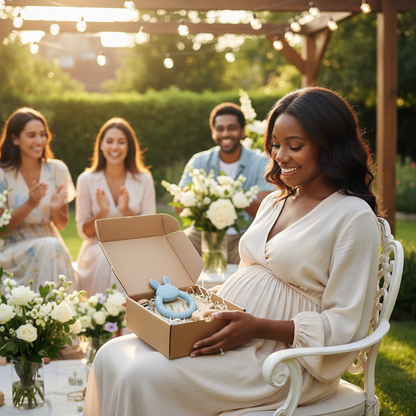 Future maman ouvrant son coffret cadeau naissance Nid'Éveil contenant hochets dentition et jouets Montessori en bois lors d'une célébration baby shower