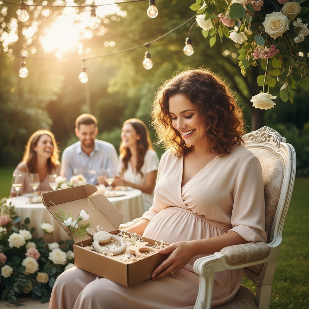 Future maman ouvrant son coffret cadeau naissance Nid'Éveil contenant hochets dentition et jouets Montessori en bois lors d'une célébration baby showe