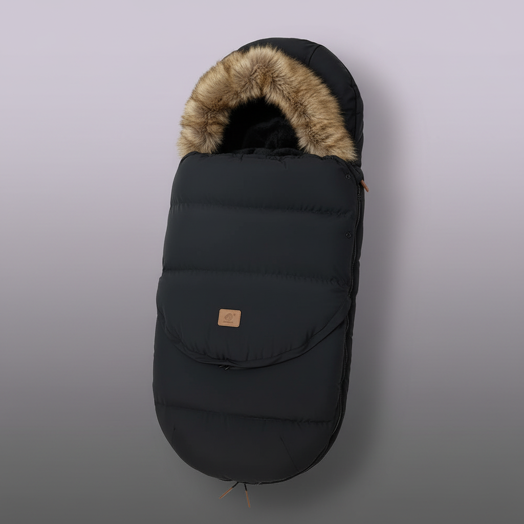 Chancelière poussette noire avec capuche fourrure beige - Sac couchage universel hiver 0-36 mois
