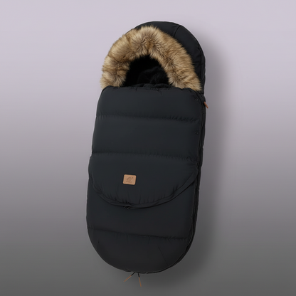 Chancelière poussette noire avec capuche fourrure beige - Sac couchage universel hiver 0-36 mois
