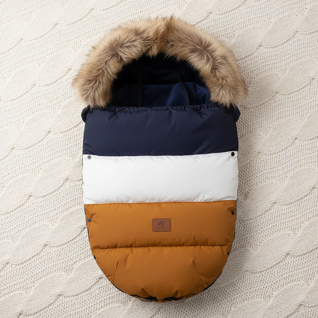 Chancelière Polaris tricolore bleu blanc orange avec capuche fourrure - Vue complète style scandinave