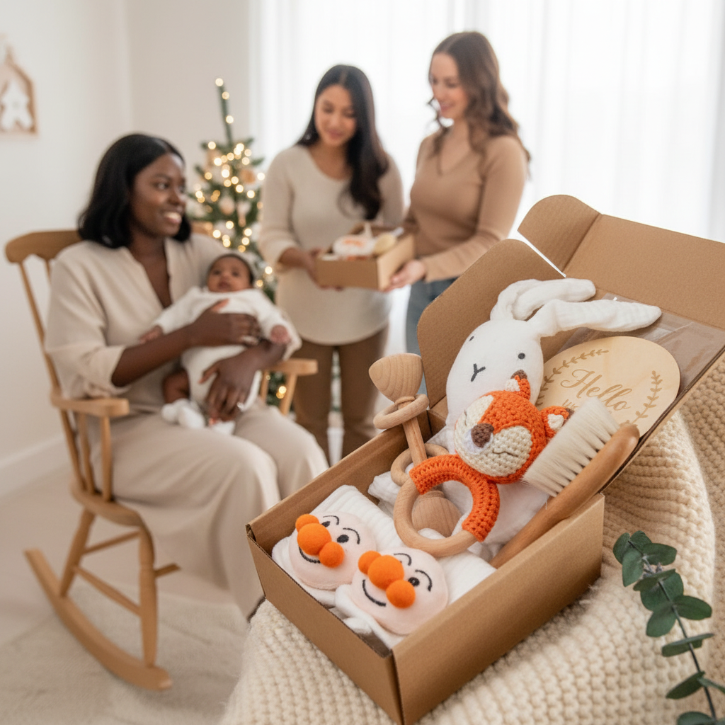 Maman avec bébé recevant coffret cadeau naissance Montessori de ses amies à Noël - Nid'Éveil