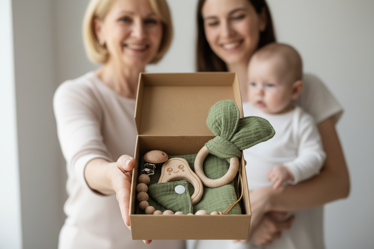 Coffret-cadeau naissance vert trois générations - Hochet bois, mousseline et attache-tétine Montessori
