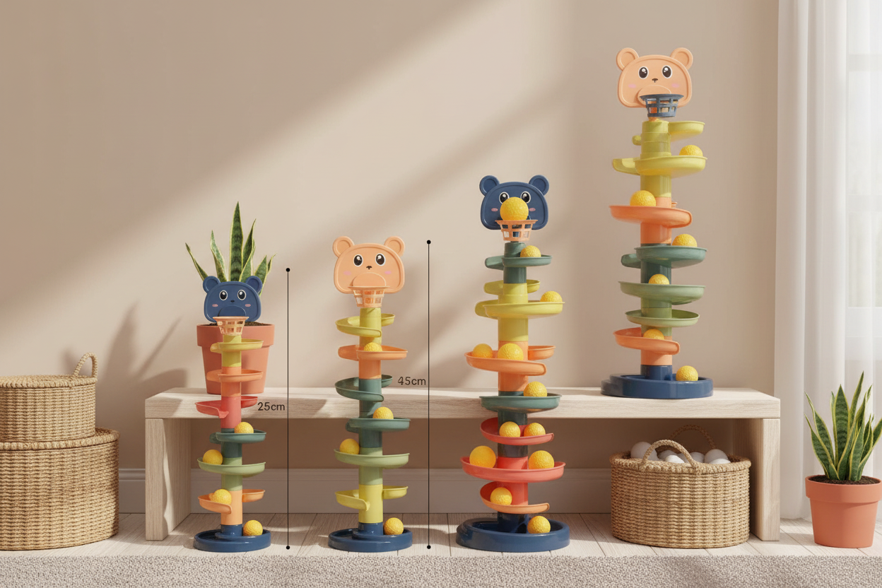 Comparaison des 4 variantes de circuit à balles Montessori - 3, 5, 7 et 9 couches - Nid'Éveil