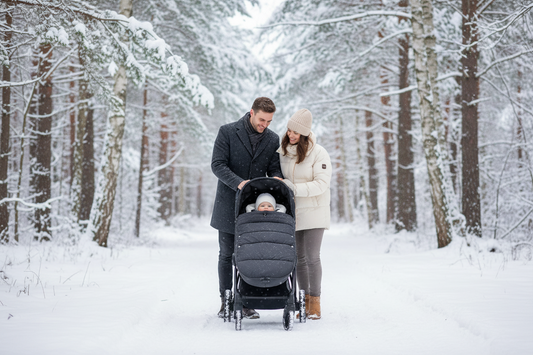 Couple marchant ensemble dans parc enneigé, bébé au chaud