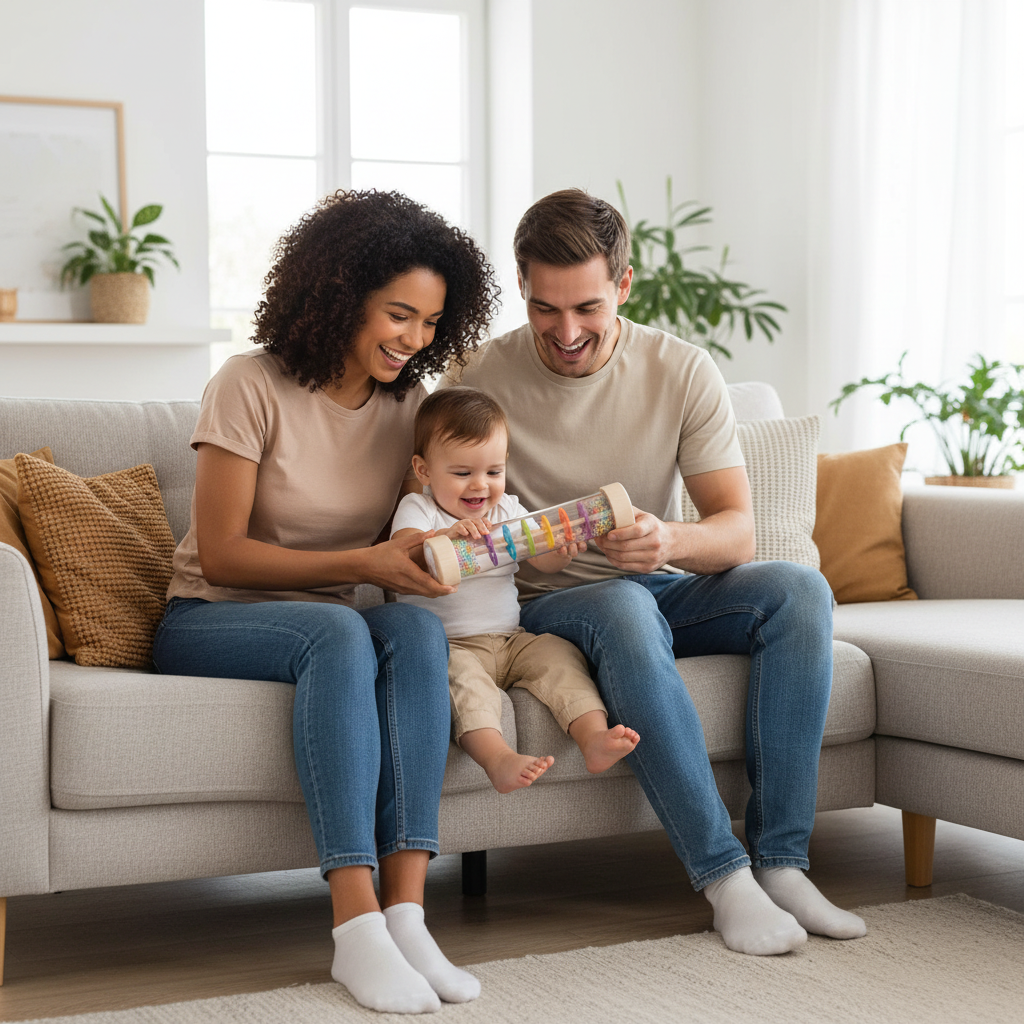 Famille heureuse avec bébé et bâton de pluie Montessori - moment de connexion
