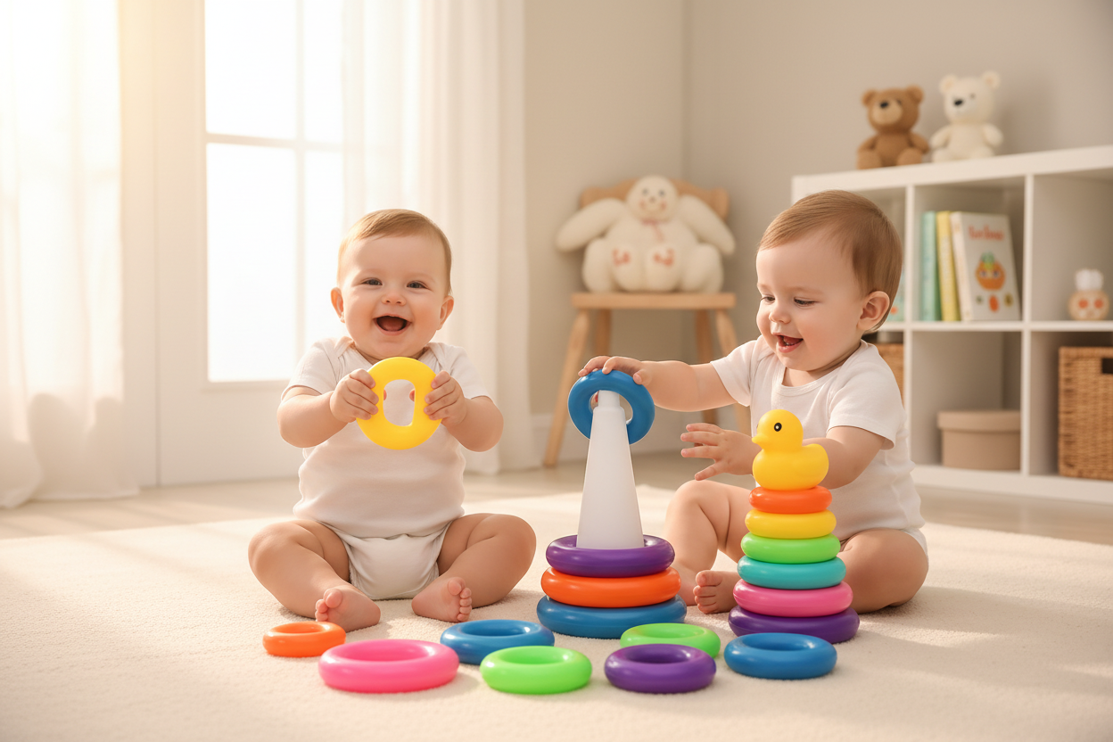 Deux bébés jouant avec tour à empiler Montessori - anneaux souples et sécuritaires en silicone - jeu sensoriel développement motricité