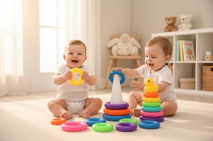 Deux bébés jouant avec tour à empiler Montessori - anneaux souples et sécuritaires en silicone - jeu sensoriel développement motricité