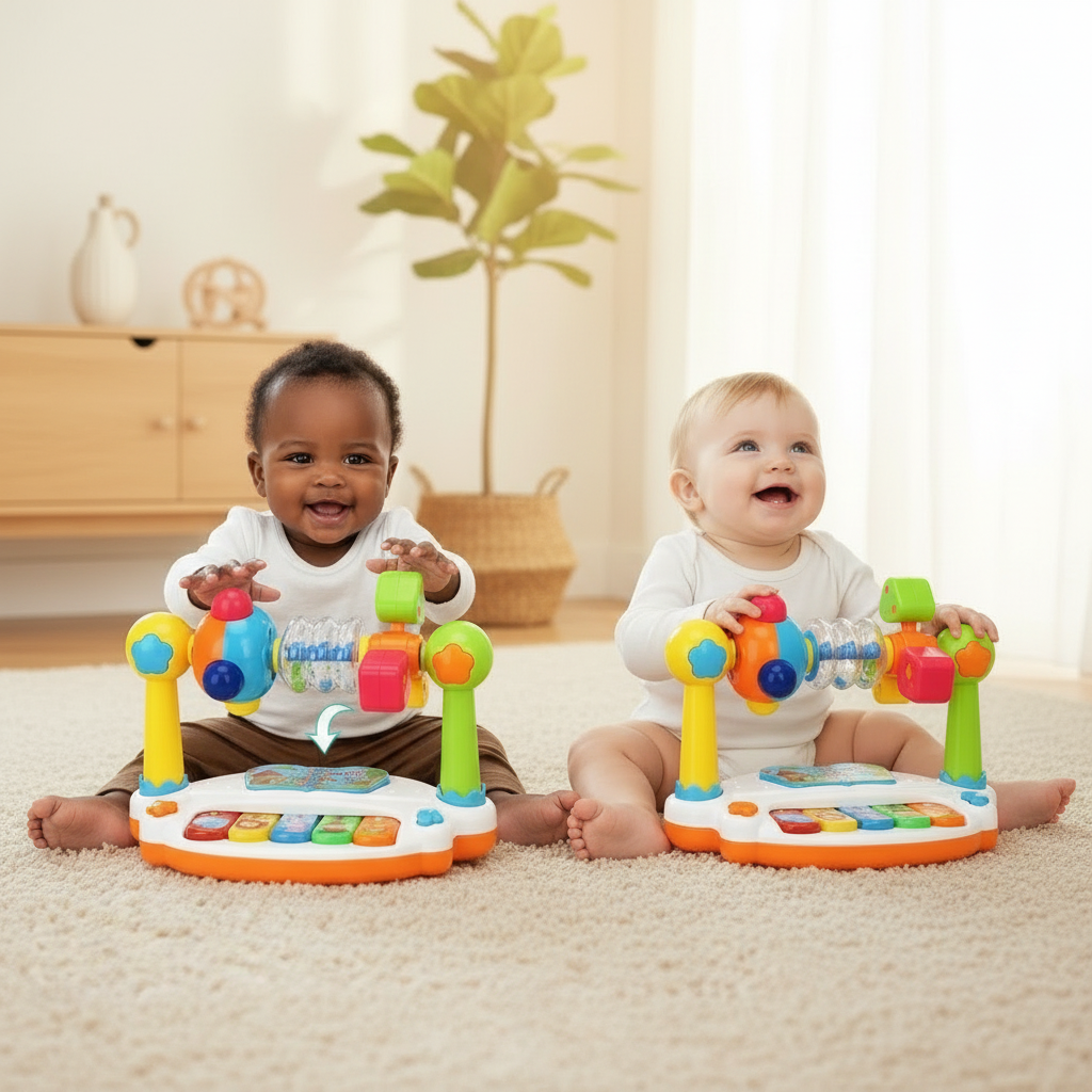 Deux bébés jouant chacun avec leur piano bébé Montessori Nid'Éveil dans une chambre lumineuse