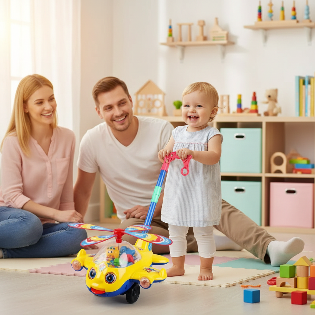 Petit garçon utilisant un trotteur hélicoptère musical Montessori jaune et bleu sous le regard fier de ses parents - Jouet d'éveil motricité bébé Nid'Éveil