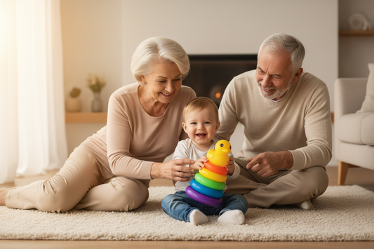 Enfant et grands-parents jouant ensemble avec tour à empiler Montessori 5 anneaux - moment intergénérationnel d'apprentissage et de complicité