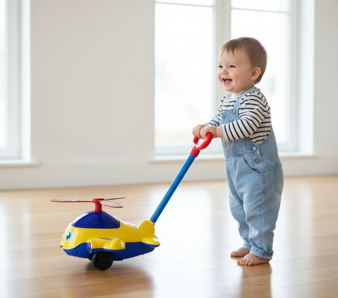 Petit garçon utilisant un trotteur hélicoptère musical Montessori jaune et bleu sous le regard fier de ses parents - Jouet d'éveil motricité bébé Nid'Éveil