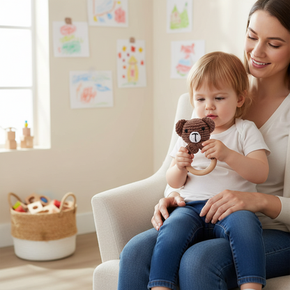 Hochet de dentition en bois de hêtre naturel et crochet coton pour bébé 0-36 mois - Jouet éveil Montessori Nid'Éveil